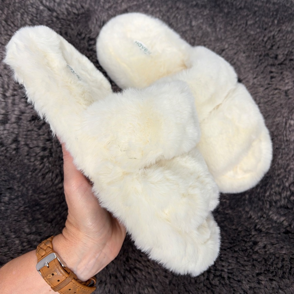 Haven Well Within Cream Faux Fur Double Strap Slide Slippers Womens Size 8M